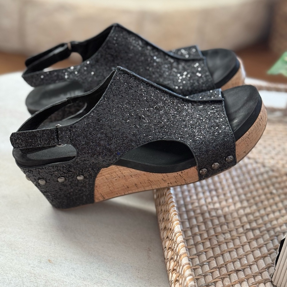 CORKY’S Black Glitter Wedge Sandals